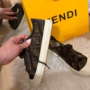 Fendi Brown and Cream Canvas Sneakers